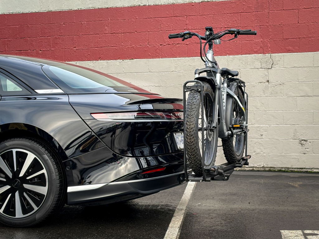 Lucid Air carrying e-bike with hitch mounted bike rack