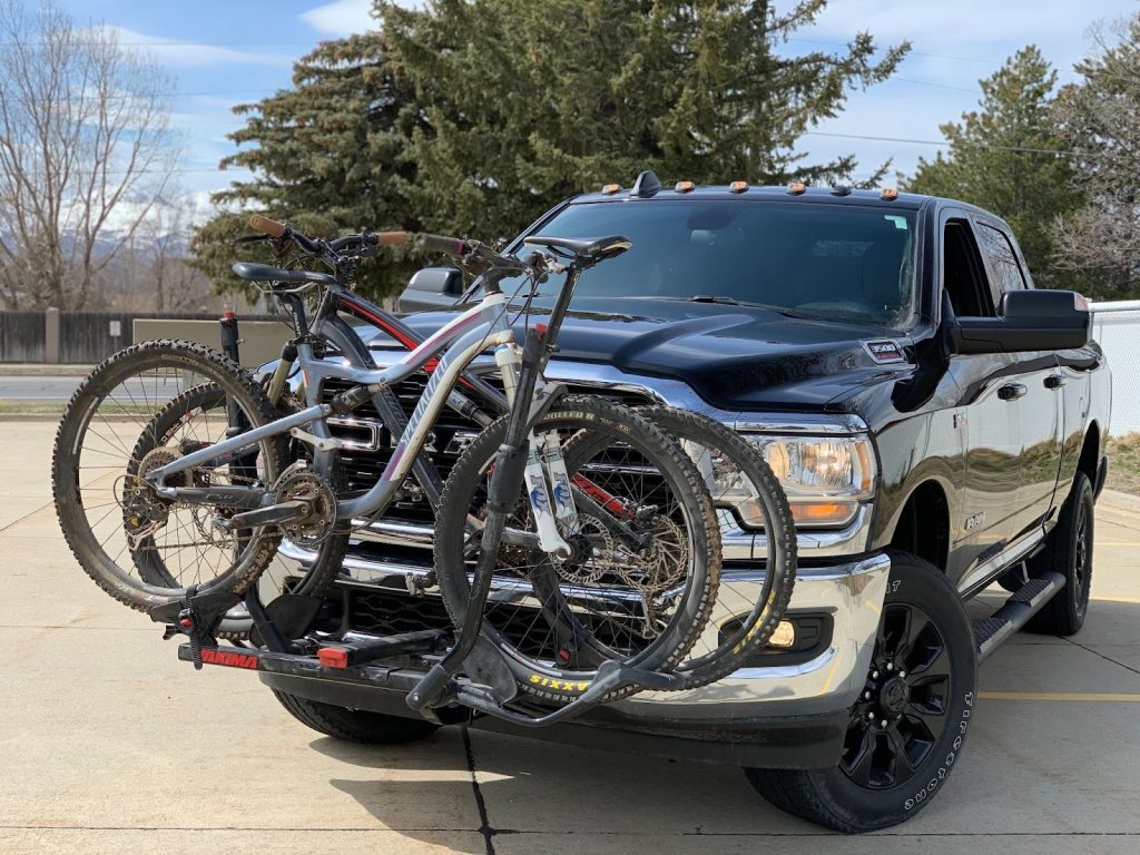bike rack mounted on front of pick up truck